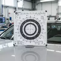 Kalibrierungstafel für Fahrerassistenzsysteme vor einer Windschutzscheibe in einer modernen Autowerkstatt. - Foto: über boerse-global.de