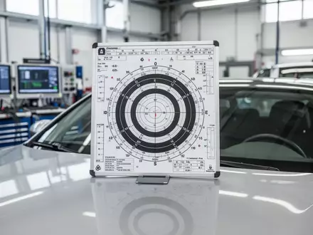 Kalibrierungstafel für Fahrerassistenzsysteme vor einer Windschutzscheibe in einer modernen Autowerkstatt. - Foto: über boerse-global.de