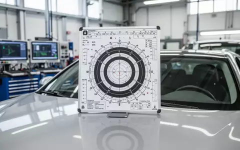 Kalibrierungstafel für Fahrerassistenzsysteme vor einer Windschutzscheibe in einer modernen Autowerkstatt. - Foto: über boerse-global.de