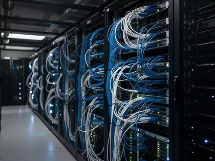 Modernes Rechenzentrum mit leuchtenden Glasfaserkabeln und Server-Racks in einer professionellen IT-Umgebung. - Foto: über boerse-global.de