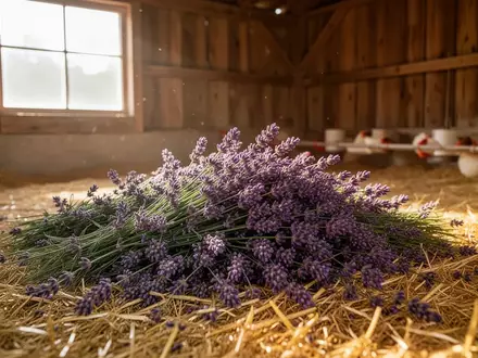 Frischer Lavendel als Einstreu in einem hellen, rustikalen Geflügelstall für ökologische Tierhaltung. - Foto: über boerse-global.de