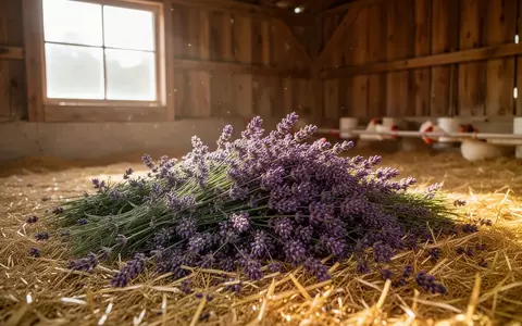 Frischer Lavendel als Einstreu in einem hellen, rustikalen Geflügelstall für ökologische Tierhaltung. - Foto: über boerse-global.de