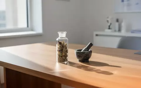 Ein minimalistischer Schreibtisch in einer modernen Praxis mit Heilkräutern und einem Mörser bei natürlichem Tageslicht. - Foto: über boerse-global.de