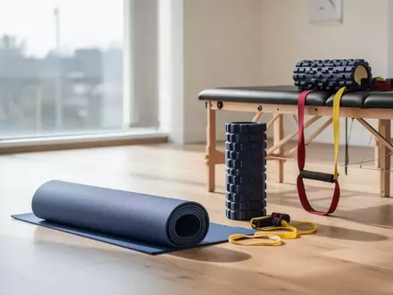 Ein heller Therapieraum mit einer Yogamatte, einer Faszienrolle und einem Widerstandsband auf einer Holzbank. - Foto: über boerse-global.de