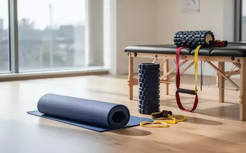 Ein heller Therapieraum mit einer Yogamatte, einer Faszienrolle und einem Widerstandsband auf einer Holzbank. - Foto: über boerse-global.de