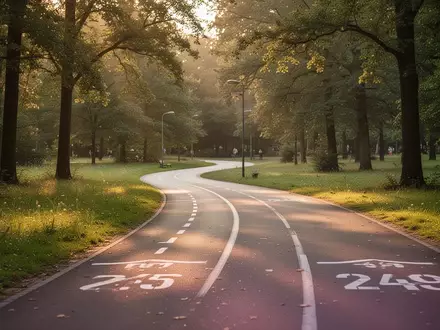 Eine leere Laufstrecke in einem Park im Spätsommer mit markierten Distanzlinien auf dem Asphalt. - Foto: über boerse-global.de