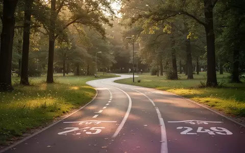 Eine leere Laufstrecke in einem Park im Spätsommer mit markierten Distanzlinien auf dem Asphalt. - Foto: über boerse-global.de