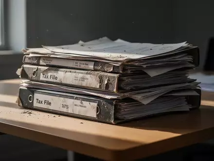 Stapel alter Aktenordner und Steuerunterlagen auf einem Schreibtisch in einem Büro bei gedimmtem Licht. - Foto: über boerse-global.de