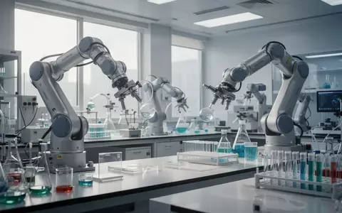 Ein hochmodernes, automatisiertes Labor mit wissenschaftlichen Geräten und Roboterarmen in einer sterilen Umgebung. - Foto: über boerse-global.de