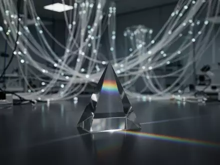 Ein Glasprisma bricht einen Lichtstrahl auf einer dunklen Oberfläche vor einem unscharfen, technisch anmutenden Hintergrund. - Foto: über boerse-global.de