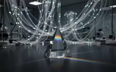 Ein Glasprisma bricht einen Lichtstrahl auf einer dunklen Oberfläche vor einem unscharfen, technisch anmutenden Hintergrund. - Foto: über boerse-global.de