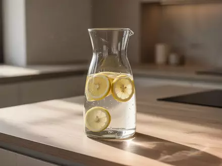 Eine Glaskaraffe mit Zitronenwasser auf einem hölzernen Küchentisch im sanften Morgenlicht. - Foto: über boerse-global.de