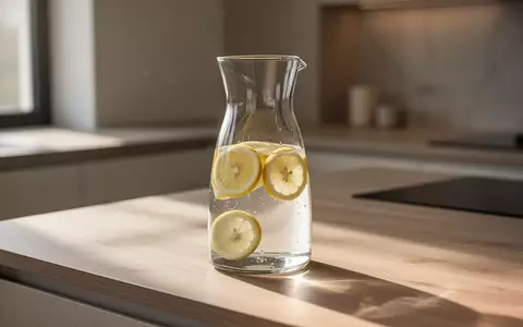 Eine Glaskaraffe mit Zitronenwasser auf einem hölzernen Küchentisch im sanften Morgenlicht. - Foto: über boerse-global.de