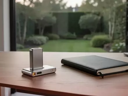 Ein minimalistischer Schreibtisch mit einem Hardware-Wallet für Kryptowährungen und einem Notizbuch in natürlichem Licht. - Foto: über boerse-global.de