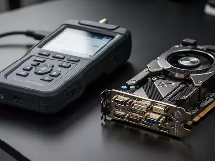 Ein professionelles Diagnosegerät für PC-Hardware neben einer Grafikkarte auf einem dunklen Arbeitstisch. - Foto: über boerse-global.de