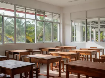 Ein leeres, helles Klassenzimmer in einer philippinischen Schule mit einfallendem Sonnenlicht auf Holztischen. - Foto: über boerse-global.de