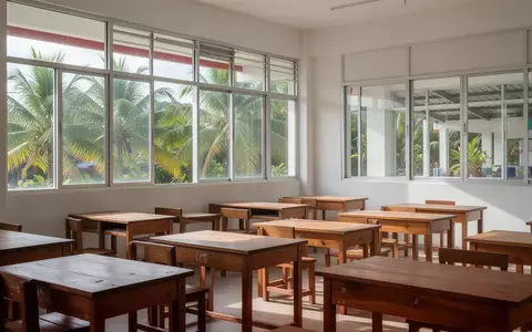 Ein leeres, helles Klassenzimmer in einer philippinischen Schule mit einfallendem Sonnenlicht auf Holztischen. - Foto: über boerse-global.de