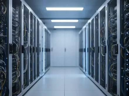 Moderne Serverinfrastruktur in einem Rechenzentrum mit blauer Beleuchtung. - Foto: über boerse-global.de