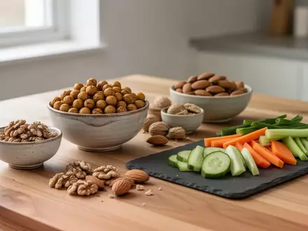 Eine Auswahl an proteinreichen pflanzlichen Snacks wie geröstete Kichererbsen, Nüsse und Gemüsesticks auf einem Holztisch. - Foto: über boerse-global.de
