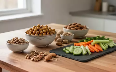 Eine Auswahl an proteinreichen pflanzlichen Snacks wie geröstete Kichererbsen, Nüsse und Gemüsesticks auf einem Holztisch. - Foto: über boerse-global.de