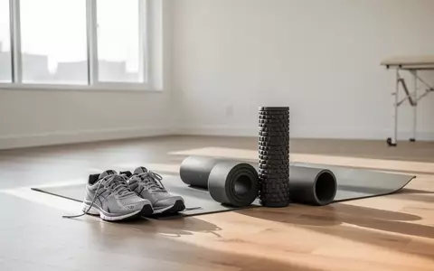 Ein heller, minimalistischer Physiotherapieraum mit Trainingsschuhen und einer Yogamatte im Sonnenlicht. - Foto: über boerse-global.de
