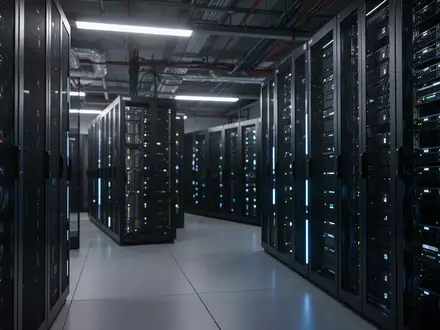 Reihen von modernen Server-Racks in einem Rechenzentrum mit blauer Beleuchtung. - Foto: über boerse-global.de