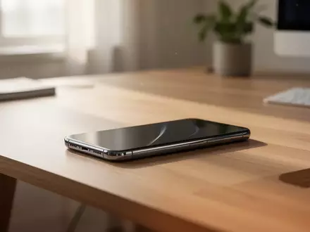 Modernes Smartphone auf einem minimalistischen Holztisch in einem hellen Büro. - Foto: über boerse-global.de