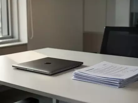 Ein aufgeräumter Schreibtisch mit einem zugeklappten Laptop und Dokumenten in einem modernen Büro bei natürlichem Tageslicht. - Foto: über boerse-global.de