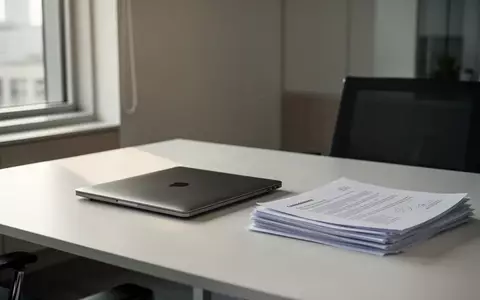Ein aufgeräumter Schreibtisch mit einem zugeklappten Laptop und Dokumenten in einem modernen Büro bei natürlichem Tageslicht. - Foto: über boerse-global.de