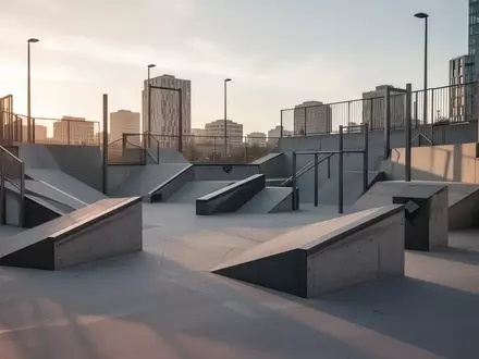 Moderner Parkour-Parcours mit Betonhindernissen in einer urbanen Umgebung bei Sonnenuntergang. - Foto: über boerse-global.de