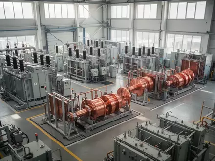 Industrielle Fertigungshalle mit großen elektrischen Bauteilen und Komponenten aus Kupfer. - Foto: über boerse-global.de