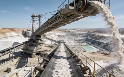 Industrielle Lithium-Abbaustätte mit großen Verarbeitungsanlagen in einer weitläufigen Tagebau-Landschaft - Foto: über boerse-global.de