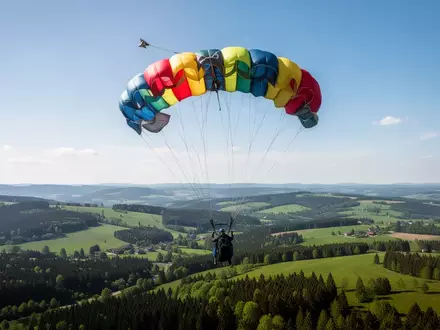 Ein bunter Fallschirm schwebt in der Luft vor einer weiten, grünen Hügellandschaft. - Foto: über boerse-global.de