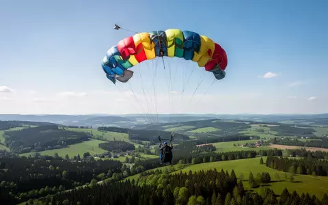 Ein bunter Fallschirm schwebt in der Luft vor einer weiten, grünen Hügellandschaft. - Foto: über boerse-global.de