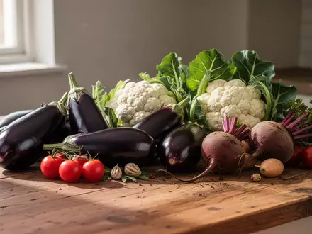 Frisches, rohes Gemüse wie Auberginen, Blumenkohl und Rote Bete auf einem hölzernen Küchentisch in natürlichem Licht. - Foto: über boerse-global.de