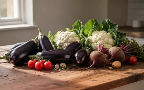 Frisches, rohes Gemüse wie Auberginen, Blumenkohl und Rote Bete auf einem hölzernen Küchentisch in natürlichem Licht. - Foto: über boerse-global.de