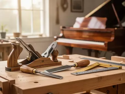 Ein heller Werkstattraum mit einem hölzernen Arbeitstisch, auf dem Handwerkzeuge liegen, im Hintergrund ist ein Klavier erkennbar. - Foto: über boerse-global.de
