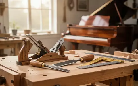 Ein heller Werkstattraum mit einem hölzernen Arbeitstisch, auf dem Handwerkzeuge liegen, im Hintergrund ist ein Klavier erkennbar. - Foto: über boerse-global.de