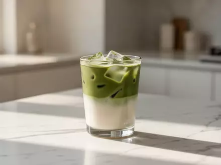 Ein Glas Iced Matcha mit einer Schicht Bananen-Pflanzenmilch auf einem hellen Marmortisch bei natürlichem Tageslicht. - Foto: über boerse-global.de