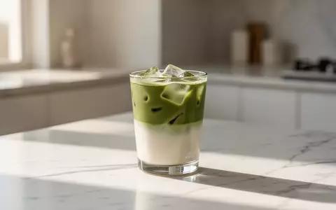 Ein Glas Iced Matcha mit einer Schicht Bananen-Pflanzenmilch auf einem hellen Marmortisch bei natürlichem Tageslicht. - Foto: über boerse-global.de