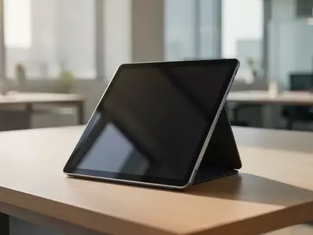 Ein modernes, abnehmbares Tablet-Gerät liegt auf einem minimalistischen Schreibtisch in einem hellen Büro. - Foto: über boerse-global.de