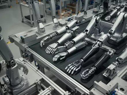 Moderne Fertigungsstraße für humanoide Roboter mit mechanischen Bauteilen und Gelenken in einer Industriehalle. - Foto: über boerse-global.de