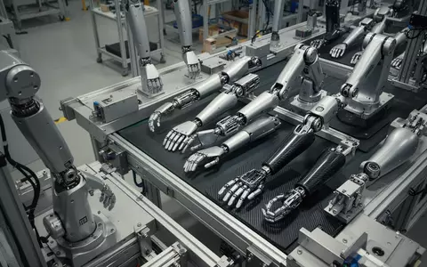 Moderne Fertigungsstraße für humanoide Roboter mit mechanischen Bauteilen und Gelenken in einer Industriehalle. - Foto: über boerse-global.de