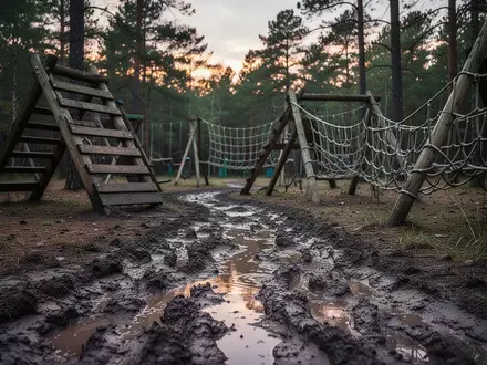 Ein rauer Hindernisparcours im Wald mit Kletterstrukturen und Seilnetzen im Hintergrund bei natürlichem Licht. - Foto: über boerse-global.de