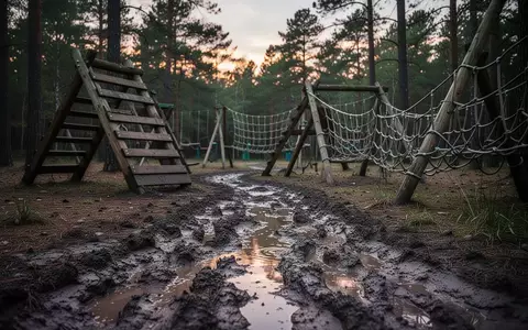 Ein rauer Hindernisparcours im Wald mit Kletterstrukturen und Seilnetzen im Hintergrund bei natürlichem Licht. - Foto: über boerse-global.de