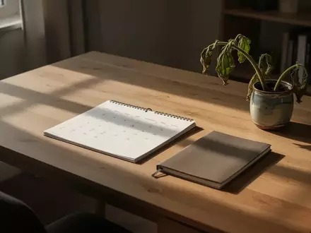 Ein leerer Schreibtisch mit einem Notizbuch und einer Pflanze bei spätem Nachmittagslicht als Symbol für den Übergang. - Foto: über boerse-global.de