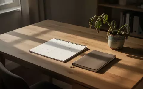 Ein leerer Schreibtisch mit einem Notizbuch und einer Pflanze bei spätem Nachmittagslicht als Symbol für den Übergang. - Foto: über boerse-global.de
