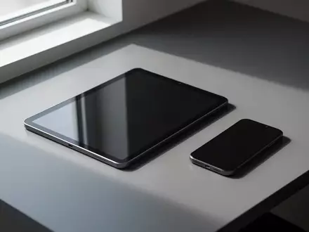 Ein minimalistischer Schreibtisch mit einem modernen Tablet und Smartphone in weichem, natürlichem Licht. - Foto: über boerse-global.de