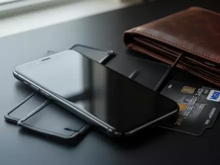 Ein Smartphone mit ausgeschaltetem Bildschirm liegt neben einer Geldbörse auf einem Schreibtisch als Symbol für digitale Sicherheit. - Foto: über boerse-global.de