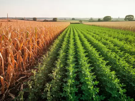 Ein landwirtschaftliches Feld mit einem Übergang von vertrockneten Maispflanzen zu grünen Kichererbsen unter sommerlichem Sonnenlicht. - Foto: über boerse-global.de